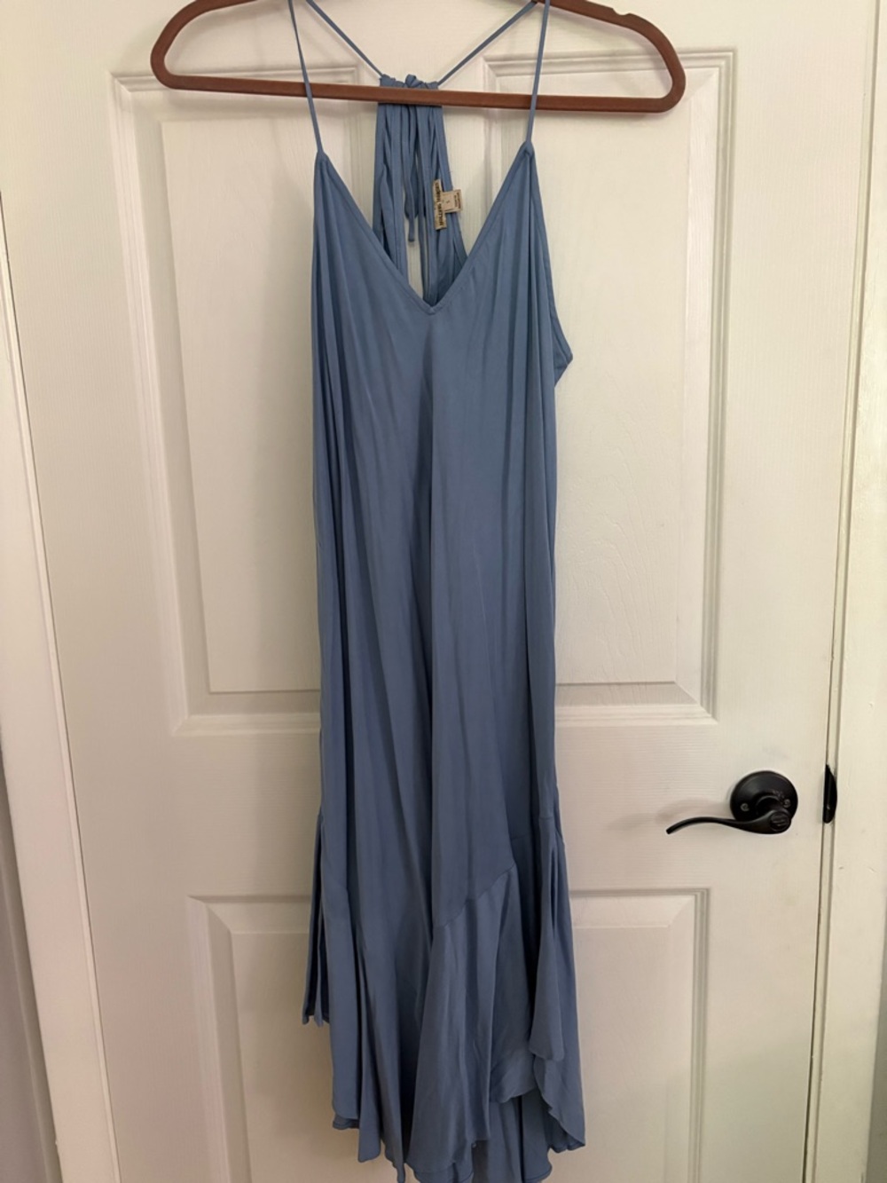 Anthropologie sz S • HOLDING HORSES Dusty Blue V-Neck Spaghetti Strap Maxi Dress